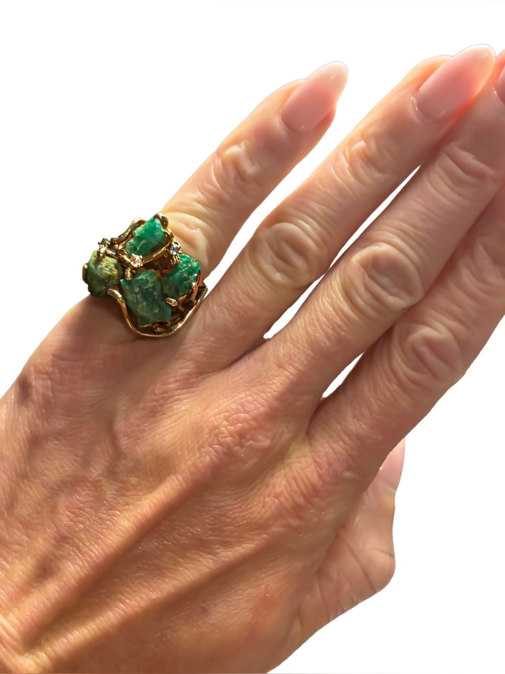 Vintage 1960s–70s Brutalist Raw Emerald & Diamond Sculptural Gold Ring – Size 6